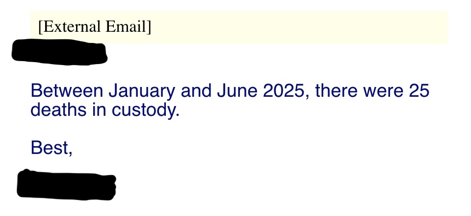 Email from a provincial Office of Chief Coroner regarding number of deaths in custody in 2025. 