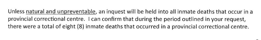 Response to information request to a provincial Office of Chief Coroner regarding number of deaths in custody in 2025.