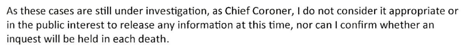 Response to information request to a provincial Office of Chief Coroner regarding number of deaths in custody in 2025.